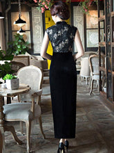 Black Velvet Lace Long Cheongsam Dress